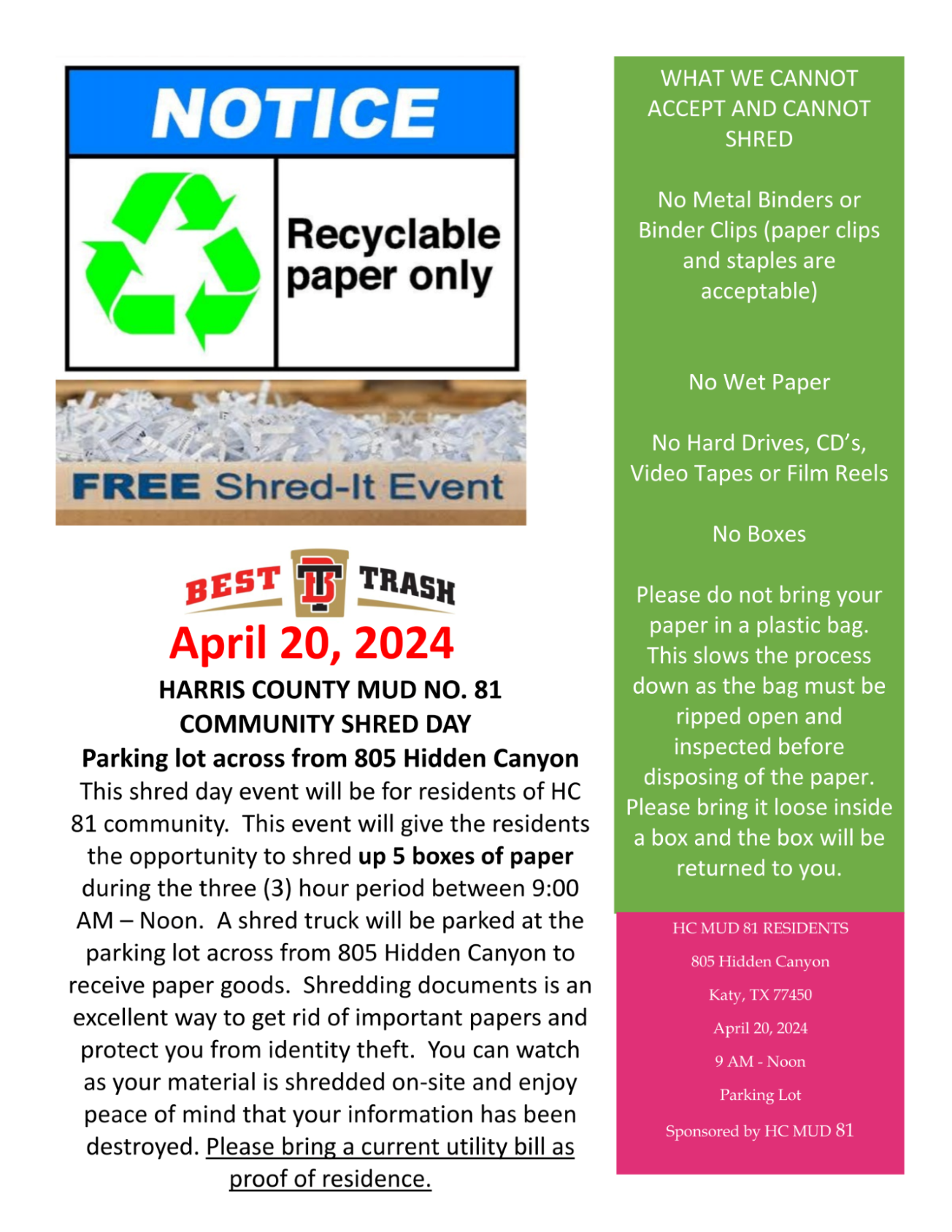 Shred Day April 20th for Mud #81 Residents